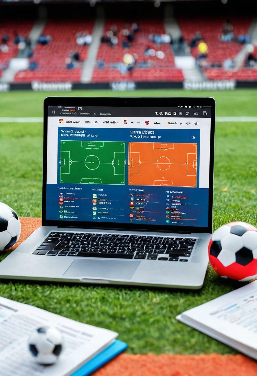 An open laptop displaying vibrant graphs and charts about soccer statistics, surrounded by soccer balls, cleats, and books on soccer strategies. A soccer field in the background with fans cheering, creating an energetic atmosphere. Bright colors to convey enthusiasm and passion for the sport. super-realistic. vibrant colors.