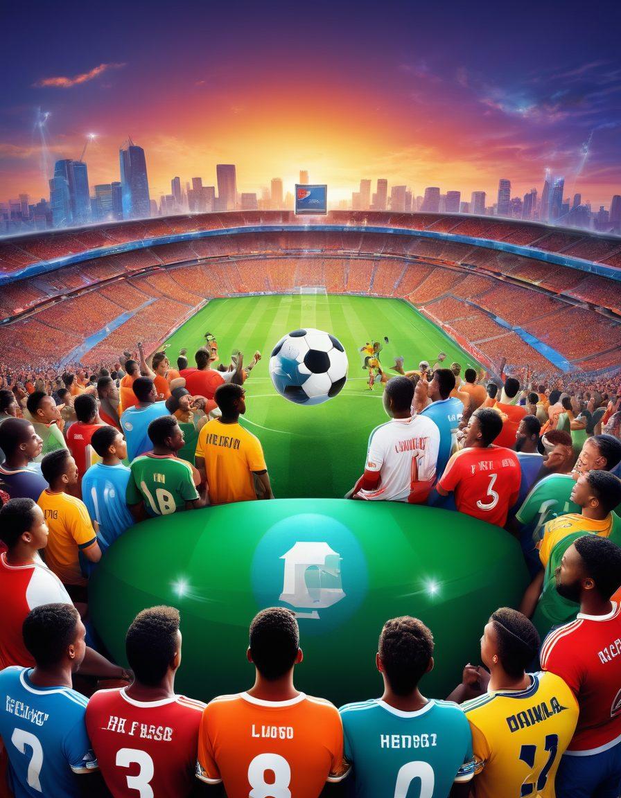 A vibrant digital illustration showcasing a diverse group of football fans engaging in an online chat. Include a mix of people from different cultures wearing their favorite team jerseys, surrounded by iconic football symbols like a ball, stadium, and trophies. The backdrop should feature a lively cityscape with social media icons floating around, symbolizing online interaction. super-realistic. vibrant colors. dynamic composition.