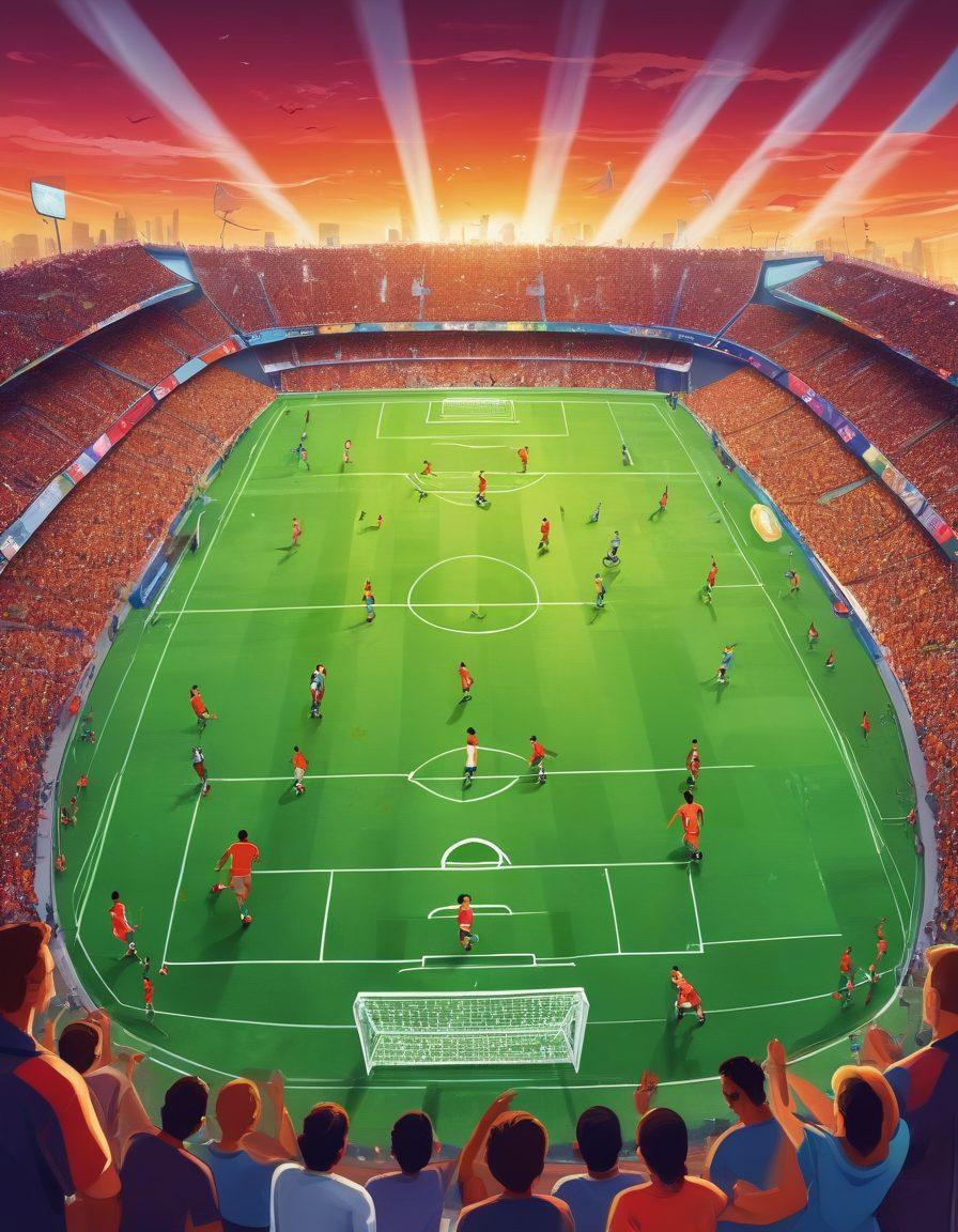 An engaging illustration of a vibrant soccer field with a diverse group of people animatedly discussing soccer strategies and highlights. The background features iconic soccer landmarks and fan banners, creating an immersive online atmosphere. Bright colors and a dynamic sense of movement capture the excitement of discussions, with digital devices like laptops and smartphones showcasing social media posts. cartoon style. vibrant colors. energetic vibe.